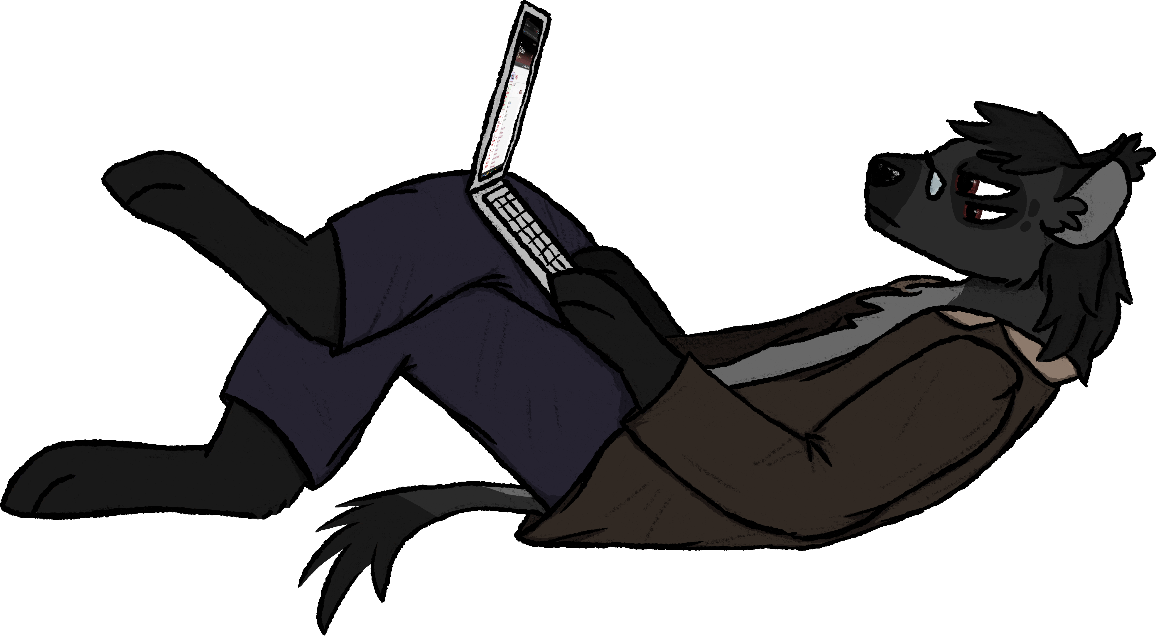 Art of an anthro monochrome hyena, laying on its back with a laptop in its lap